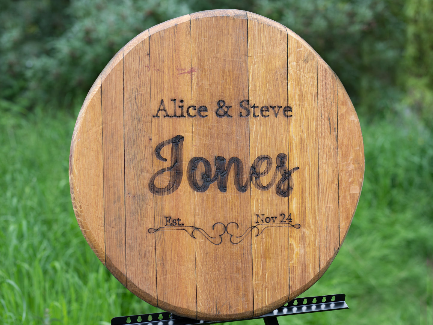 Rustic Oak Barrel Lid Custom Engraved Wedding Sign Handcrafted