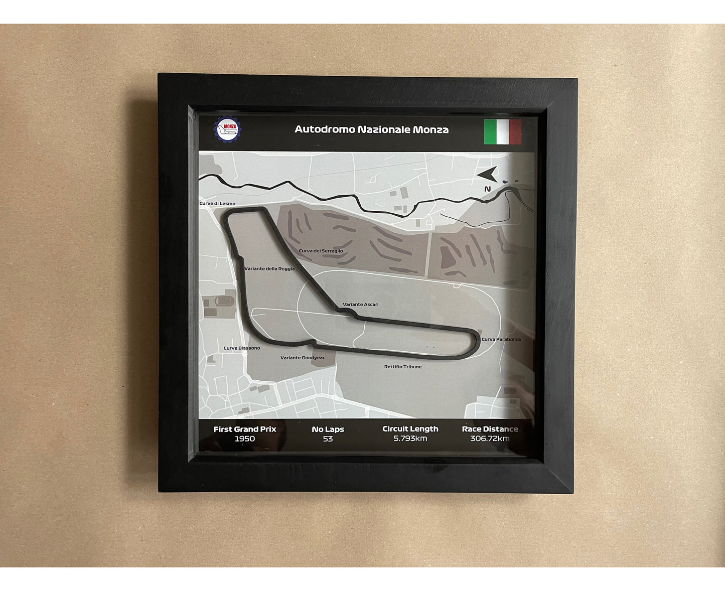 F1 2022 Circuit Map - Formula One Monza Race Track 3D Laser Cut Wall Art in Black Square Frame - Christmas Gift