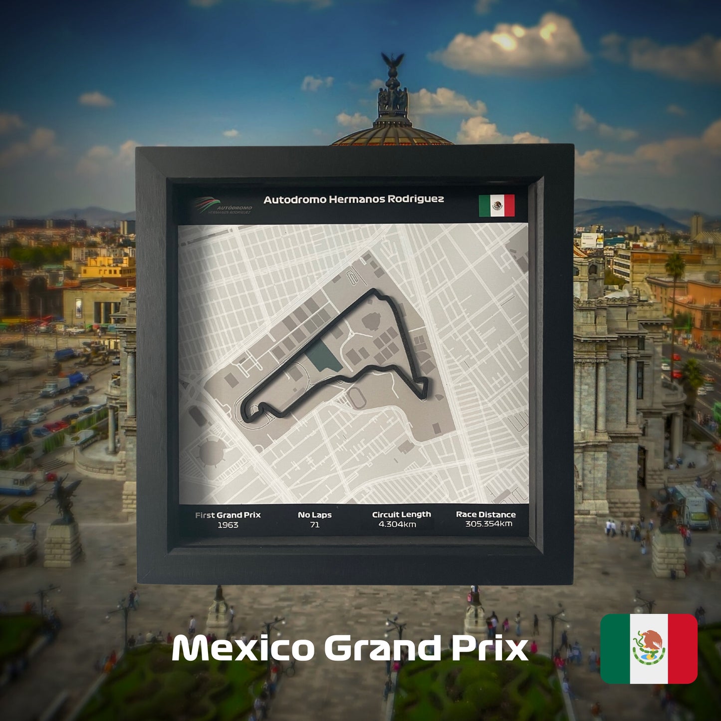 F1 2022 Circuit Map - Formula One Mexico City Track  Wall Art in Black Square Frame Mexico Grand Prix