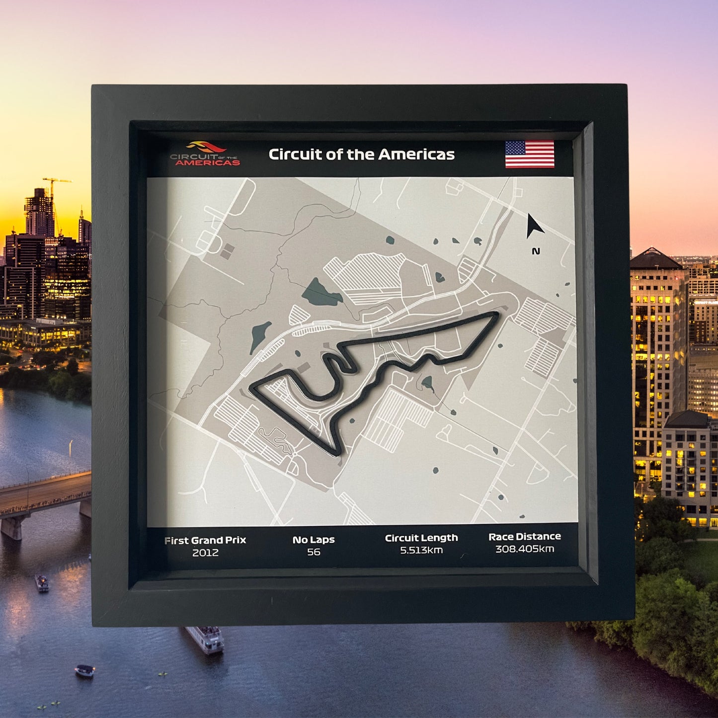 F1 2022 Circuit Map - Formula One Austin Track  Wall Art in Black Square Frame USA Grand Prix