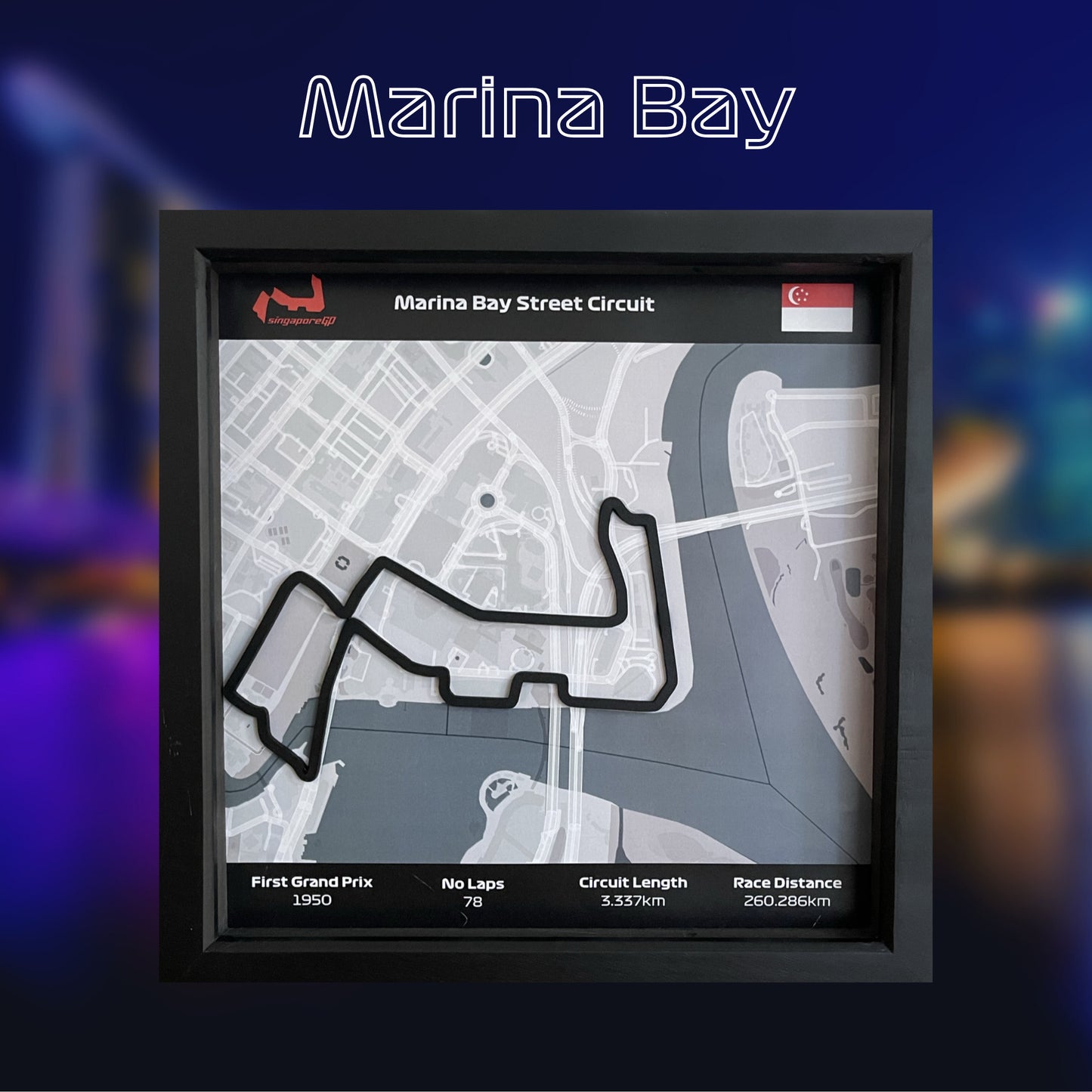 F1 2022 Circuit Map - Formula One Singapore Marina Bay Race Track  Wall Art in Black Square Frame - Christmas Gift