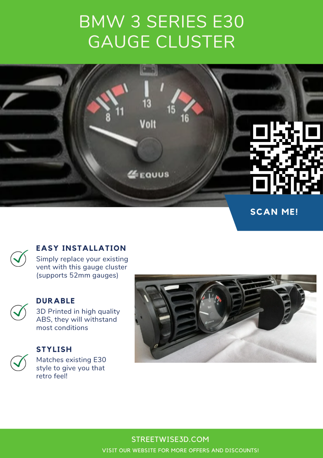 BMW E30 3 Series Gauge Cluster 52mm Holder Mount 3D Printed.